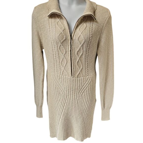Free People XL Zip Front Cable Knit Sweater Mini Dress Beige Boho Cozy Chic - Picture 3 of 15